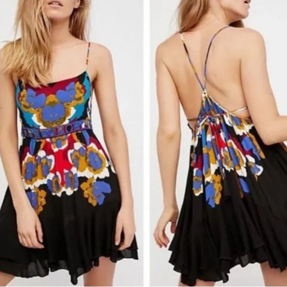 Free People Colorful Print Strappy Dress Open Black and Multicolor size XS/ S